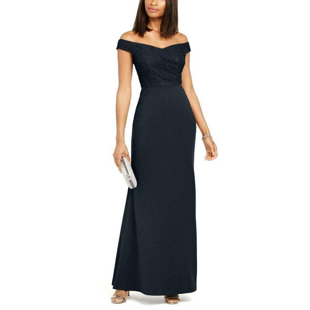 Adrianna Papell Navy Lace Off Shoulder Formal Evening Cocktail Prom Dress, 2